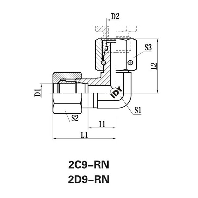 带有旋转螺母的90°肘部还原管适配器